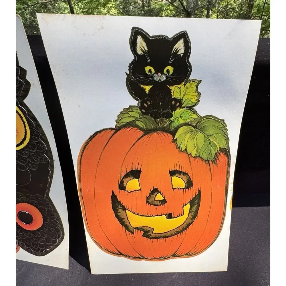 2 Vintage Halloween Masks Hallmark Paper Oscar Owl & Percy Pumpkin Unused!